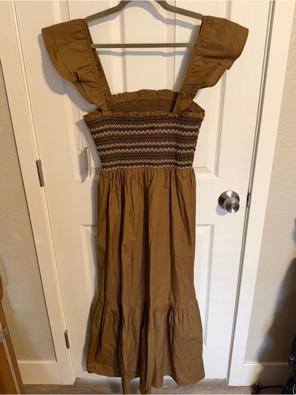 Moon River Smocked Midi Dress Size S Brown Ruffle Strap Cottagecore Romantic - Picture 5 of 7